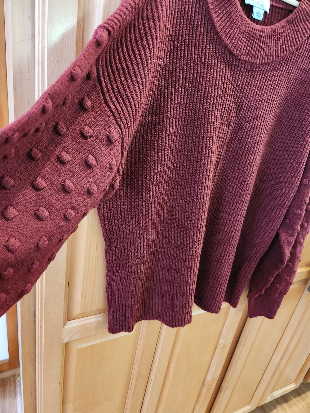 CeCe Maroon Crewneck Sweater with Textured Bobble Sleeves - Picture 4 of 6